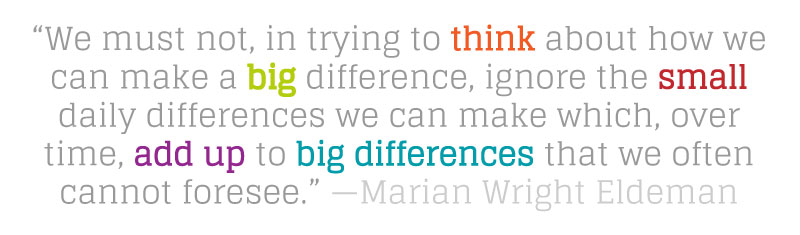 Quote: "We must not, in trying to think about how we can make a big difference, ignore the small daily differences we can make which, over time, add up to big differences that we often cannot foresee." - Marian Wright Eldeman
